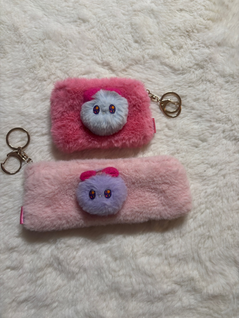 Korean Artist Handmade Plush Pink Cosmetic Pouch with Cute Pom Accent
